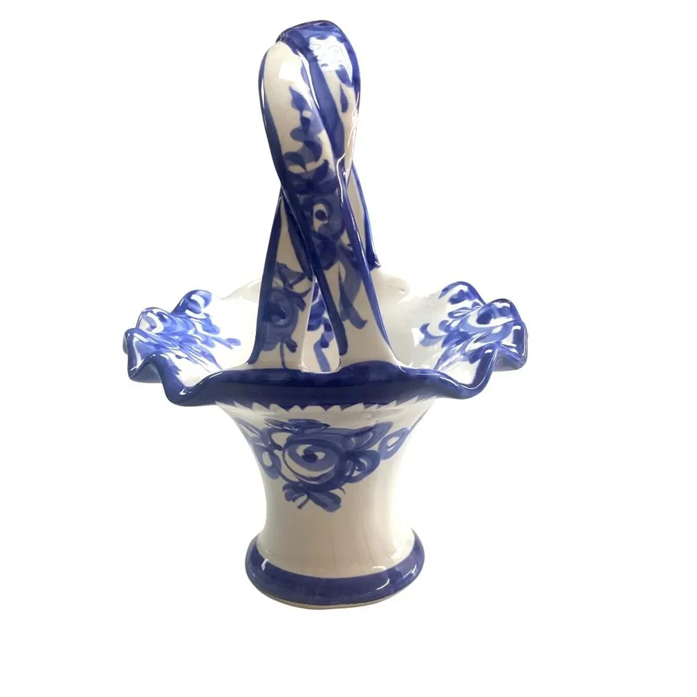 Hand-Painted Blue & White Ceramic Basket Vase With Floral Design Made In Portuga - Picture 2 of 9